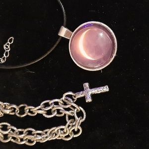 Lot of 2 necklaces cross silvertone and bevel set eclipse